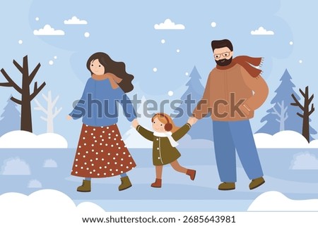 Winter park, parents and kid. Family outdoor activity. Mother, father and daughter walking in forest, snow and snowflakes. Cold weather. People in warm clothes. flat vector illustration
