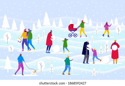 Winter park, parents walk with children and have fun outdoor. People make snowman and sledding in the forest. Vector template for invitation card, flyer design, postcard, holiday background