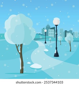 Winter park path with snow, trees and street lamps. Vector illustration.