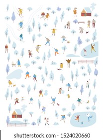 Winter park with people flat vector background. Crowd of happy people in warm clothes. Winter outdoor activities - skating, skiing, throwing snowballs, building snowman.