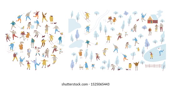 Winter park with people flat vector background. Crowd of happy people in warm clothes vector set. Winter outdoor activities - skating, skiing, throwing snowballs, building snowman.