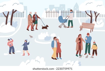 Winter park. People walking in the public park in winter. Landscape. Family, children having fun outdoors. Woman with a pram. Man, woman, boy feeding birds. Elderly couple. Flat vector illustration.