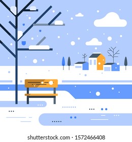 Winter park scene, small bench at river bank, snowing weather, beautiful view, group of residential houses in background, nice neighborhood, vector flat design illustration