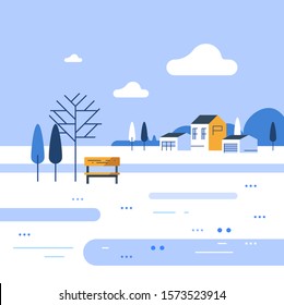 Winter park scene, small bench at river bank, beautiful view, group of residential houses in background, nice neighborhood, vector flat design illustration