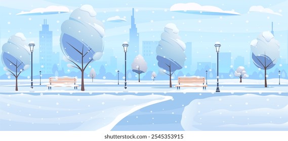 Cena de parque de inverno com neve e bancos em uma paisagem da cidade. Ilustração vetorial