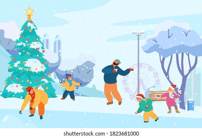 Winter Park Scenery With Happy Family Playing Snowball Fight. City Silhouette, Christmas Tree, Bench, Snowy Trees. Flat Vector Illustration.