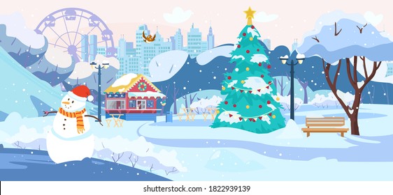 Winter Park Scenery With No People. Park Cafe, City Silhouette, Christmas Tree, Snowy Trees. Flat Vector Illustration.