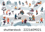 Winter park with a set of people engaged in outdoor activities. Skiing, sledding, snowboarding.Happy characters making a snowman, playing snowballs, walking dogs and others.Vector flat  illustration.