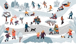 Winter Park With A Set Of People Engaged In Outdoor Activities. Skiing, Sledding, Snowboarding.Happy Characters Making A Snowman, Playing Snowballs, Walking Dogs And Others.Vector Flat  Illustration.