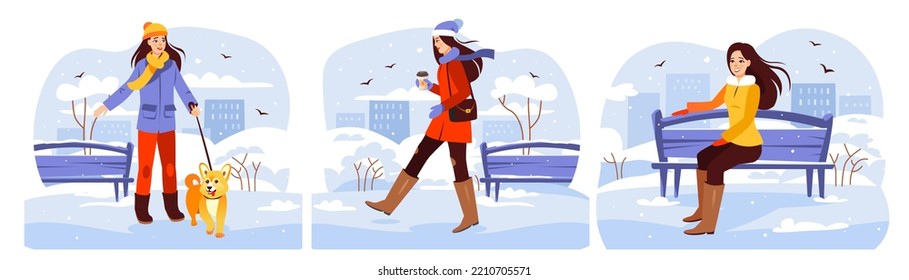 Winter Park. A set of young girls walking in the park in winter. The girl drinks coffee, walks the dog, sitting on a bench. Cartoon vector illustration