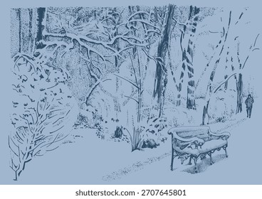Winterpark. Schneebedeckte Bäume. Linienskizze in Vektor konvertiert.