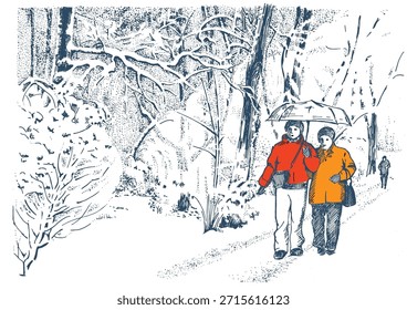 Winter park. Snow-covered trees and walking people. Line sketch converted into vector.