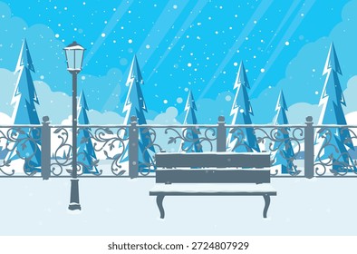 Parque de invierno. Nevada en un parque invernal.  Ilustración vectorial de Navidades.