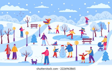 Winter park. Snowy landscape, people doing outdoor activities making snowman, skating and playing snowballs vector Illustration. Children sledding and ice skating on cold season holidays