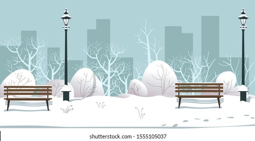 Winter park. Street lamps, empty wooden benches, trees and bushes covered with snow. Christmas card, holidays season, snowy day outdoor scenery. Colorful vector illustration, cityscape background.