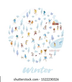 Winter park with tiny people flat vector background. Crowd of happy people in warm clothes. Winter outdoor activities - skating, skiing, throwing snowballs, building snowman.