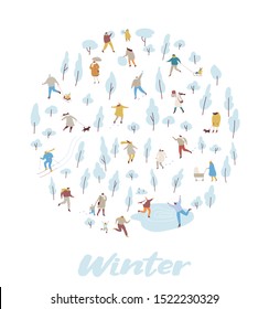 Winter park with tiny people flat vector background. Crowd of happy people in warm clothes. Winter outdoor activities - skating, skiing, throwing snowballs, building snowman.