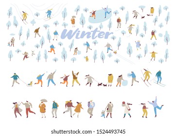 Winter park with tiny people flat vector background. Crowd of happy people in warm clothes. winter outdoor activities - skating, skiing, throwing snowballs, building snowman.