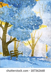 Winter park. Trees and bench