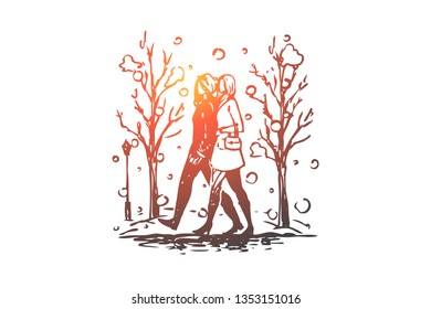 Winter, park, women, walking, season concept. Hand drawn women friends walking in park in winter concept sketch. Isolated vector illustration.