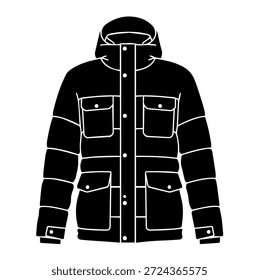 Silhueta de casaco de inverno de Parka Ilustração de vetor, roupa exterior com capuz resistente para roupas extremas do tempo frio vestuário Modelos técnicos de projeto
