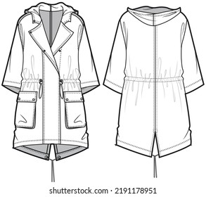 Winter Parka Jacket Front and Back View. Fashion Illustration, Vector, CAD, Technical Drawing, Flat Drawing, Template, Mockup.