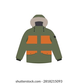 Winter Parka Jacket Vector Illustration Featuring A Stylish Olive Green And Bright Orange Color Block Design With A Faux Fur Hood Trim Isolated On A Clean White Background For Fashion Apparel Design Projects