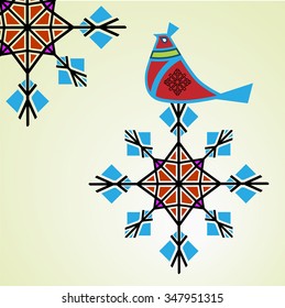 Winter partridge sitting on snowflake 