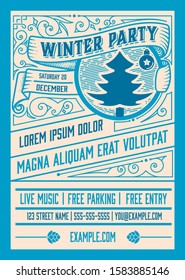 Winterparty-Flyer Retro-Typografie und Dekoration von Ornamenten. Weihnachtsferien Einladung oder Plakatdesign. Vektorgrafik.