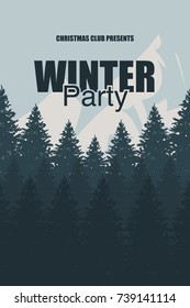Winter Party flyer template. An elegant Christmas invitation in the background of a forest with mountains. Christmas holidays flyer or poster design. Vector illustration Eps 10.