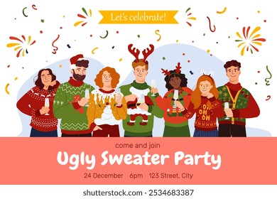 Winter party invitation card with happy people in different festive ugly sweater Vector holidays templates with joyful fun character. Cute design with garish Christmas sweater for print, flyer, banner