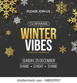 Winter Party Invitation Poster Design. Retro Gold Typography And Ornament Decoration Illustration. Party Flyer Or Poster Design Template.