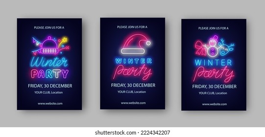 Winter party neon poster collection. Happy New Year celebration. Santa hat, garland and snowman. Shiny invitations set. Merry Christmas design. Special offer advertising. Vector stock illustration