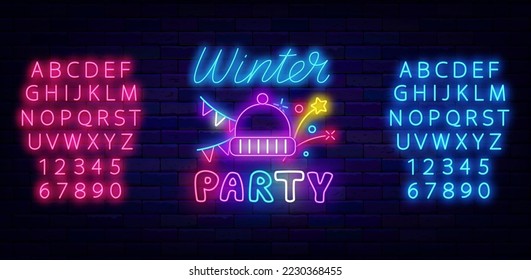 Winter party neon signboard. Garland, firework and hat icon. Glowing pink and blue alphabet. Christmas and New Year advertising. Greeting card invitation. December holiday. Vector stock illustration