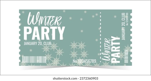 Winter Party Ticket layout template card design. Snowflakes on a blue background. Winter holiday invitation card. Vector flat illustration.