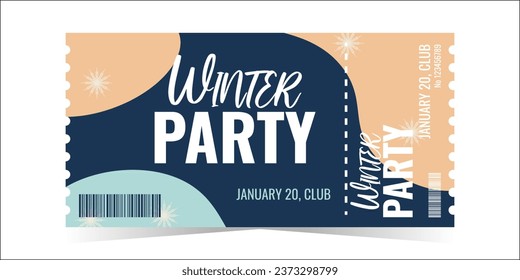 Winter Party Ticket layout template card design. Color spots pink blue and snowflakes. Winter holiday invitation card. Vector flat illustration.
