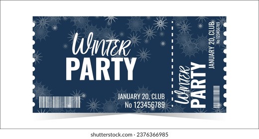 Winter Party Ticket layout template card design. Winter holiday invitation card. Vector flat illustration.