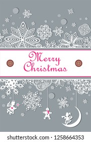 Winter pastel paper decoration with snowflakes, hanging angels and gingerbread