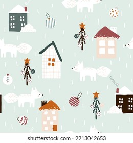Winter pastel seamless pattern with fox and houses. Holiday print. Vector hand drawn illustration.