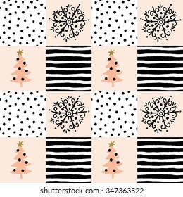 Winter patchwork illustration with a tree, snowflake, snow, stripe. Vector seamless pattern. Blush pink, white and black colors.