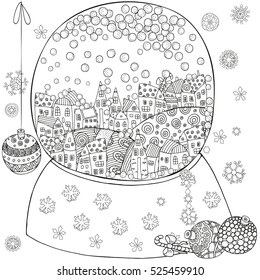 Winter pattern for adult coloring book page with artistically houses and snow. Snowball. Magic City, landscape. Zentangle. Black and white. Vector illustration for coloring.