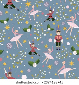 Winter pattern with ballet artists, stars, snow flakes and mistletoe branch.