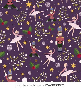 Winter pattern with ballet artists, stars, snow flakes and mistletoe branch. Endless vector texture on 