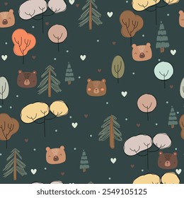 Winter pattern with bears, snow and trees, seamless pattern on black background. Vector illustration with different trees, hearts and bears, bear in the winter forest.