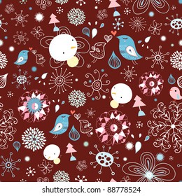 winter pattern of birds and snowflakes