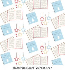 Winter pattern with books and stars. Seamless cute vector pattern