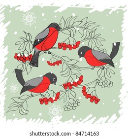 winter pattern with bullfinches and rowan