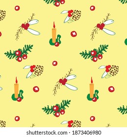 Winter pattern with candles and tree branches 