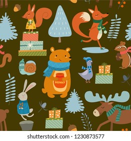 Winter pattern with cartoon characters animals. Vector seamless texture. 