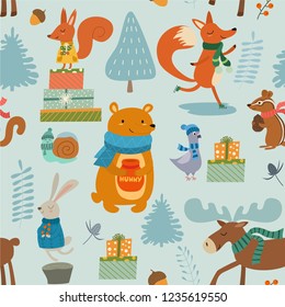 Winter pattern with cartoon characters animals. Vector seamless texture. 